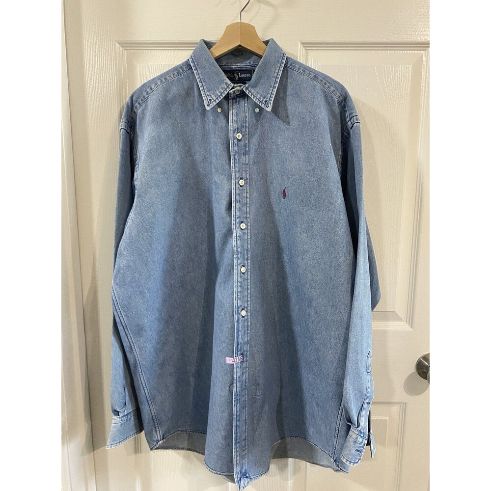 Ralph Lauren Blaire Classic Fit Denim Cotton Button-Down Polo Pony Blue L Preppy